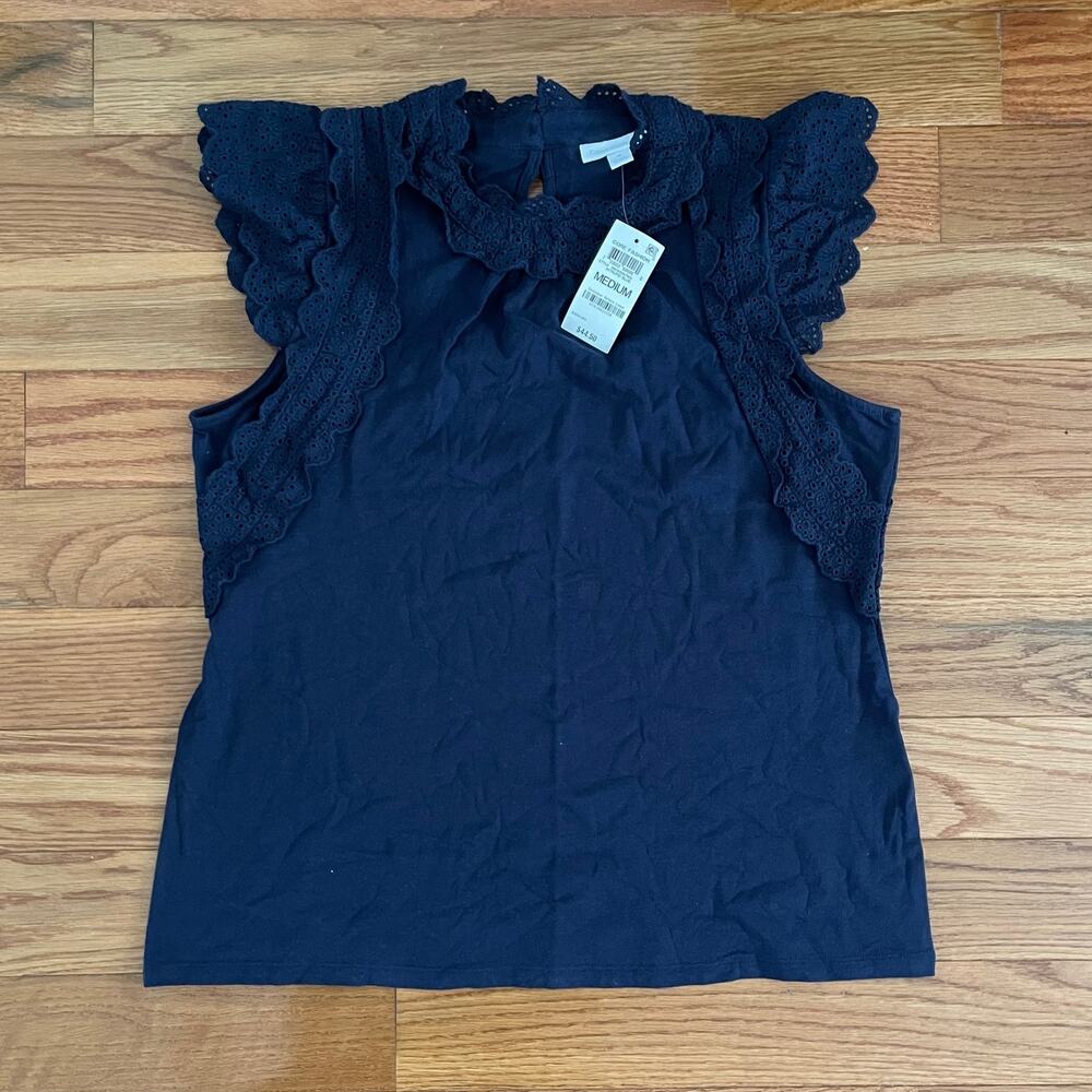 Charter Club Womens M Eyelet Cap Sleeve Top Navy Blue Lace Trim Casual NWT